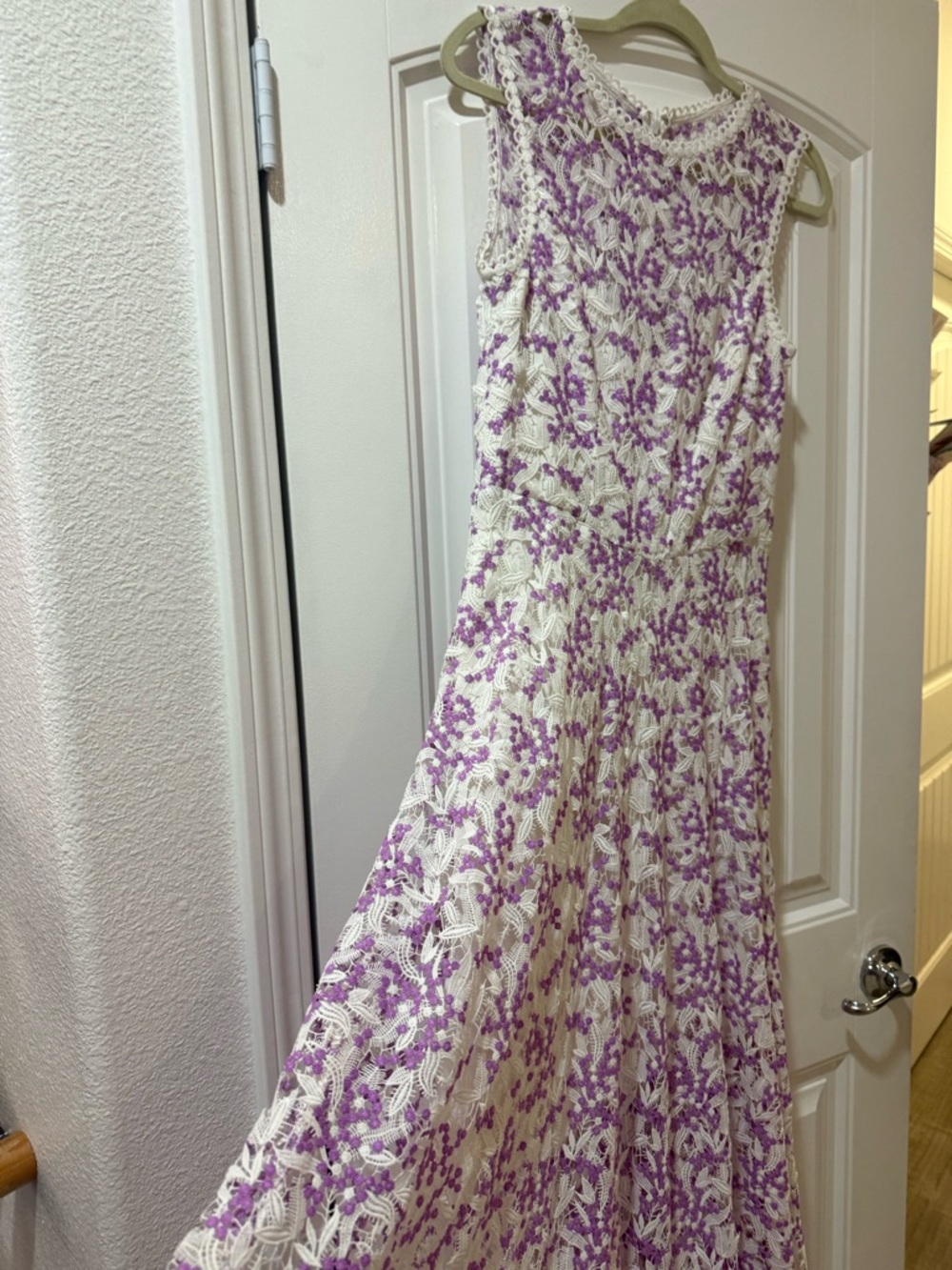 Monique Lhuillier White Maxi Dress with Lavender Floral Lace